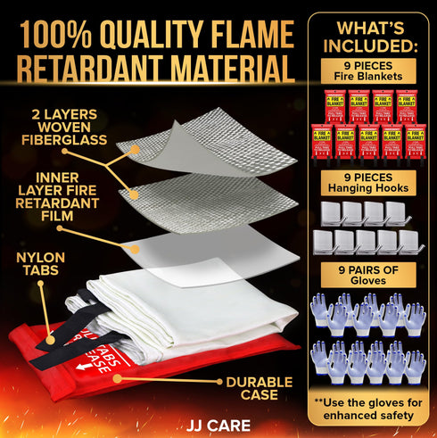 JJ CARE Fire Blanket - 9 Packs with Hooks and Gloves - Emergency Fire Blanket for Home & Kitchen, High Heat Resistant Fire Suppression Blankets for Home Safety, Kitchen, and Camping